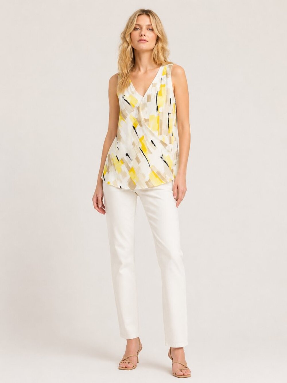 2/$30 White House Black Market Printed Silk Surplice Top Yellow Beige XS #A0394